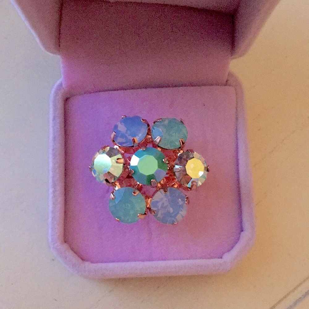 Aurora Borealis, Iridescent Turquoise Blue + Sapphire Opal Crystal Flower Ring